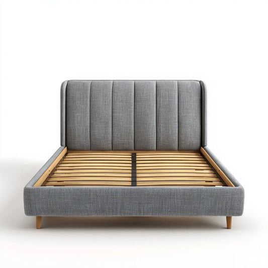 Lit double capitonné gris rectangulaire 160 x 200 cm en polyester et bois massif