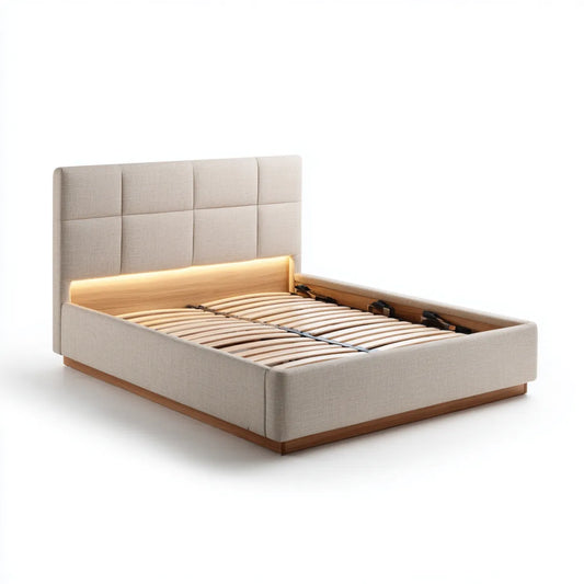 Lit double avec tête de lit capitonnée beige et chêne naturel 160 x 200 cm en polyester MDF et contreplaqué forme rectangulaire