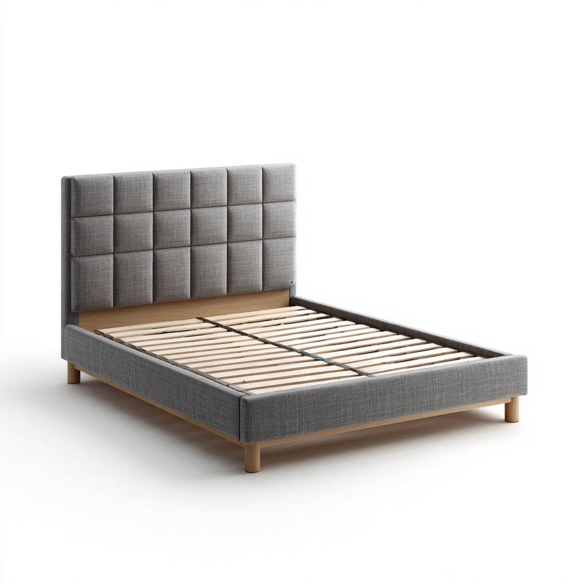 Lit double avec sommier à lattes gris 160 x 200 cm en polyester et bois massif