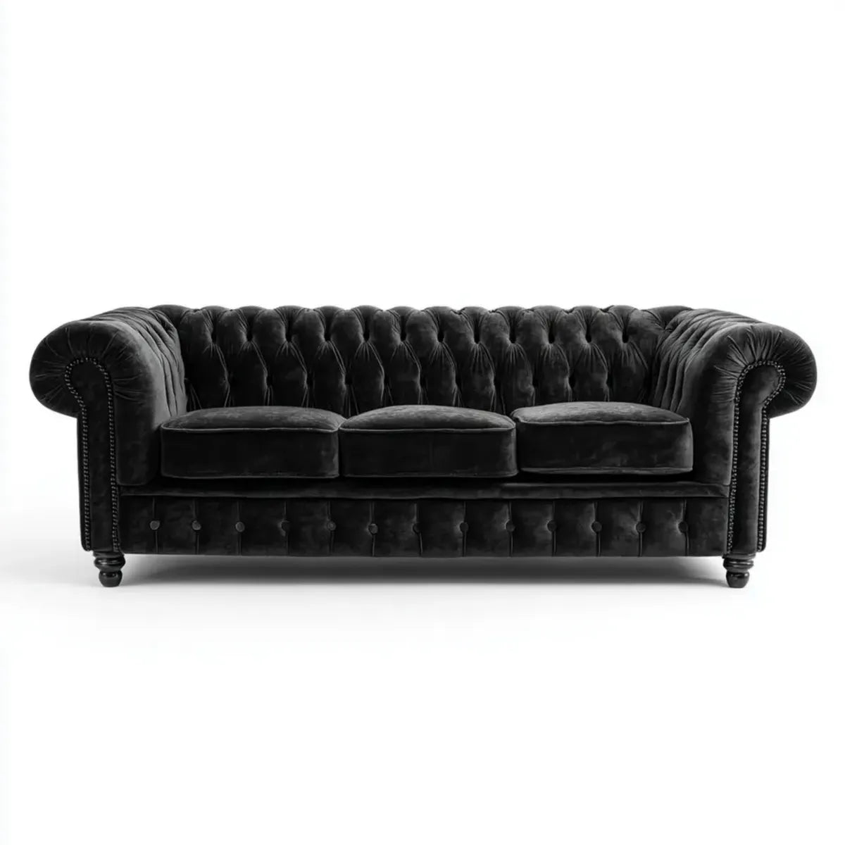 Canapé Chesterfield 3 places noir en velours de polyester 230 x 95 x 80 cm