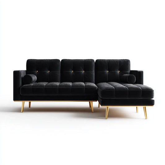Canapé d'angle 3 places avec méridienne droite noir en velours polyester 280 x 160 x 85 cm