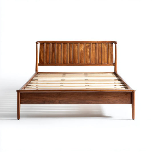 Lit double 160 x 200 cm marron en bois massif avec sommier à lattes tête de lit à barreaux