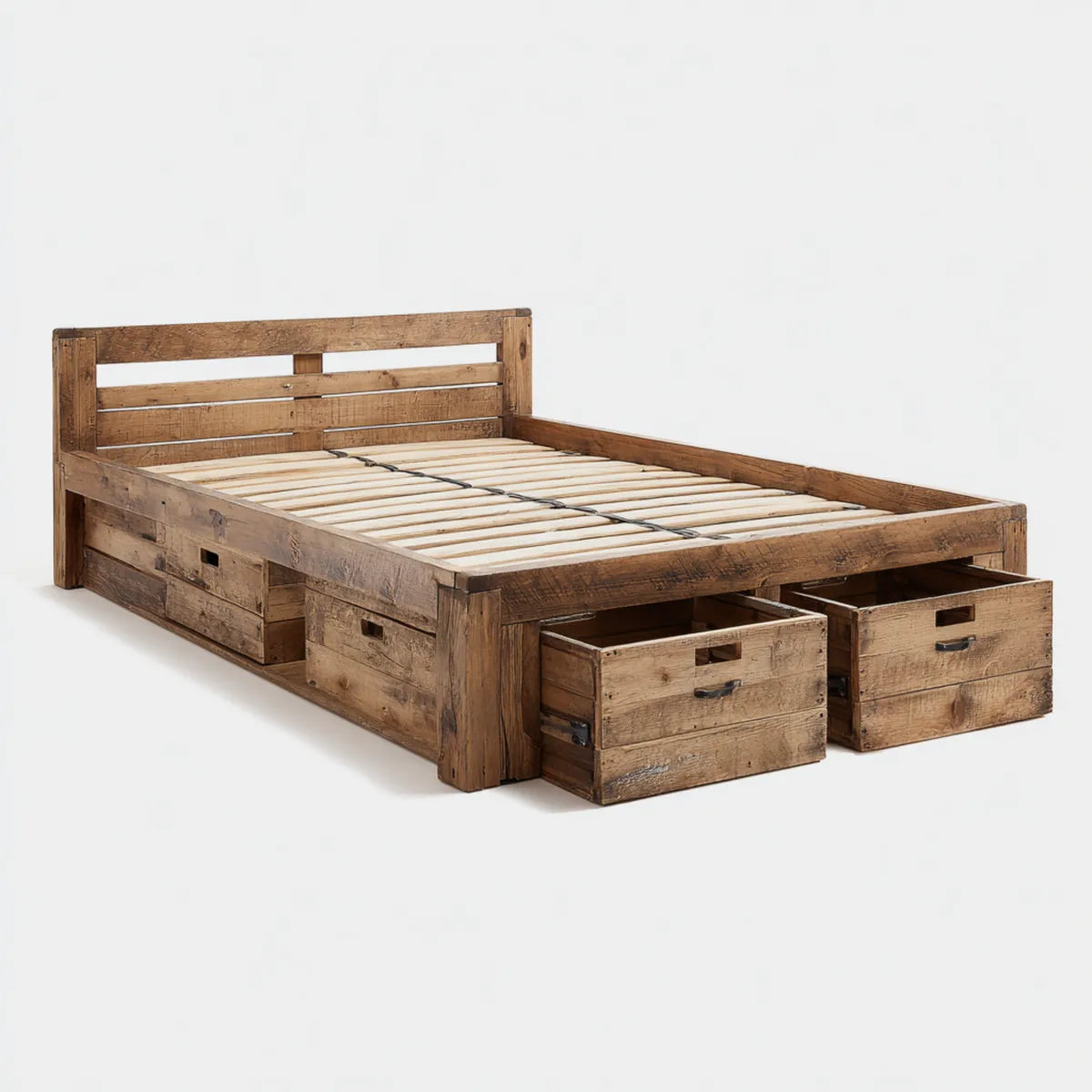 Lit double avec rangement marron 160 x 200 cm en pin massif recyclé rectangulaire
