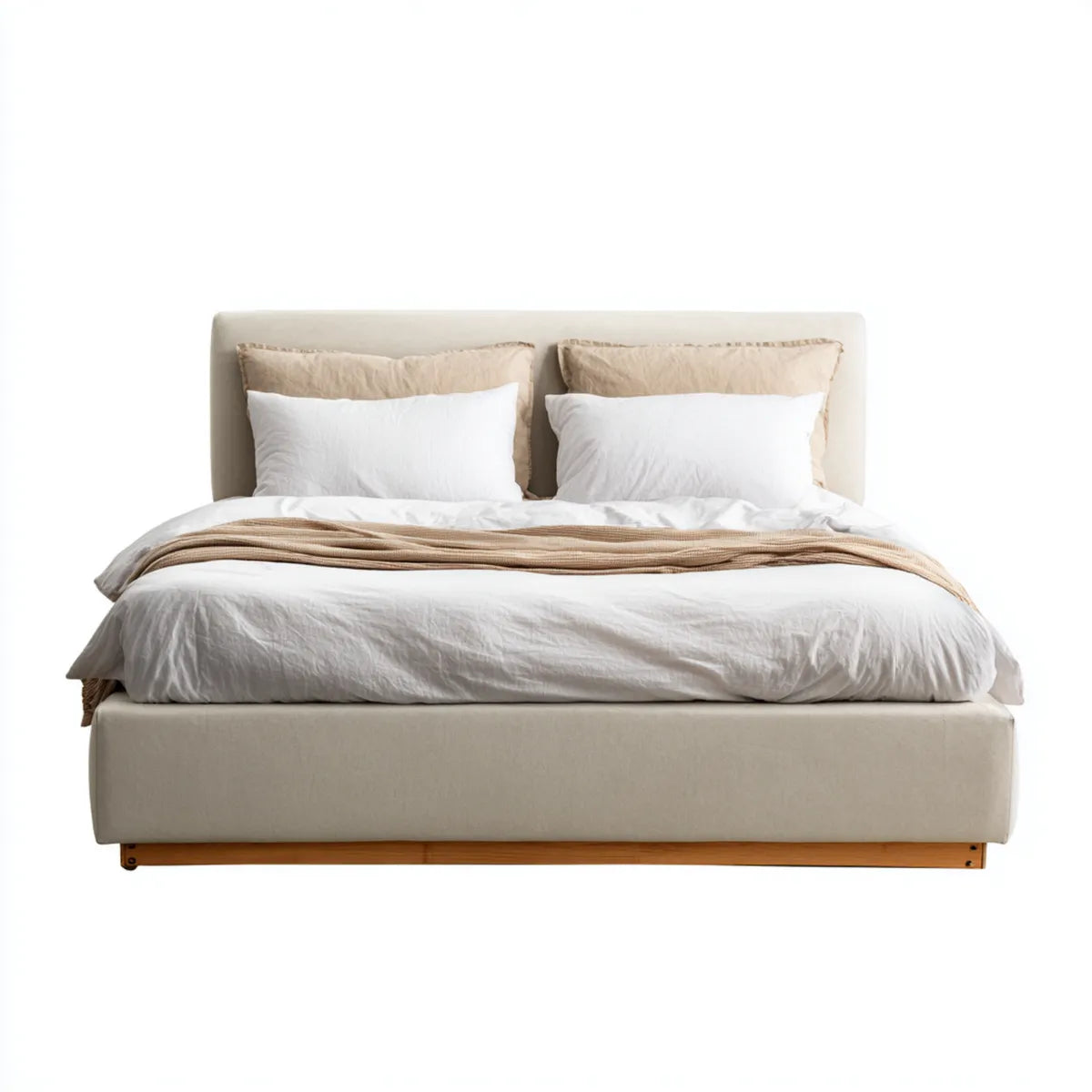 Lit double rembourré beige 160 x 200 cm en polyester et bois de pin rectangulaire
