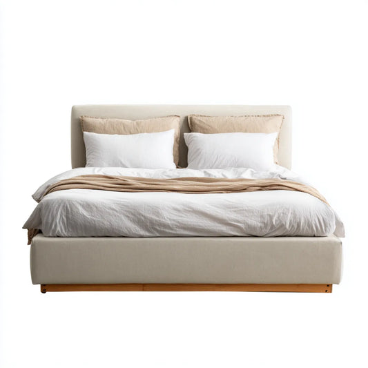 Lit double rembourré beige 160 x 200 cm en polyester et bois de pin rectangulaire