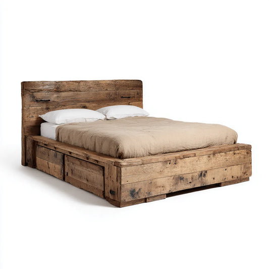 Lit double avec tiroirs brun naturel 160 x 200 cm en bois massif recyclé rectangulaire